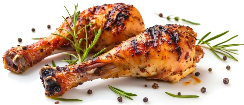 Grilled chicken drumsticks seasoned with spices and garnished with rosemary and peppercorns on a white surface