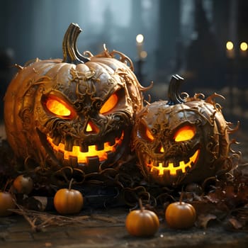 Two jack-o-lantern pumpkins glowing on a dark blurry background, a Halloween image. Atmosphere of darkness and fear.