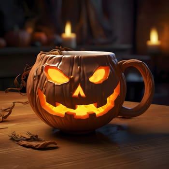 Carved from a pumpkin jack-o-lantern glowing mug, a Halloween image. Atmosphere of darkness and fear.