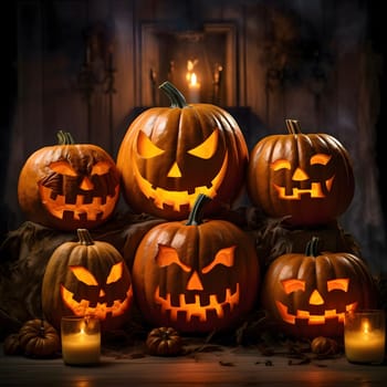 Six elegantly arranged glowing jack-o-lantern pumpkins, two candles in the background, smoke, dark room, a Halloween image. Atmosphere of darkness and fear.