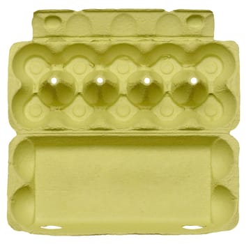 Green recycled egg carton box on isolated background, storage. Top view