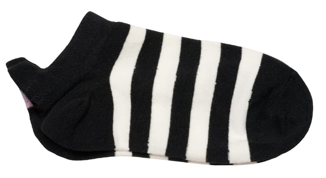 Black and white striped textile socks on isolated background, close up