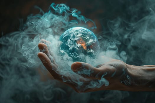 A man's hand holds a glowing ball in the form of a planet in clouds of smoke on a dark background.