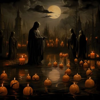 Dark black monsters of death walking on water on which pumpkin candles float, midnight., a Halloween image. Atmosphere of darkness and fear.