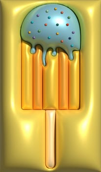 Ice cream on a stick sprinkled with sugar colorful sprinkles on a yellow background, 3D rendering illustration