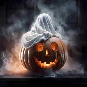 Dark glowing jack-o-lantern pumpkin with towel around smoke,, a Halloween image. Atmosphere of darkness and fear.