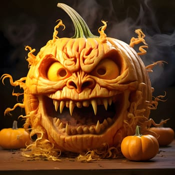 Dark pumpkin with teeth on dark background all around smoke, a Halloween image. Atmosphere of darkness and fear.