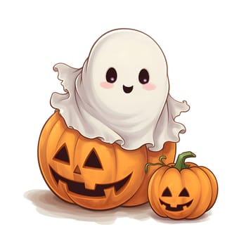 A small fairy ghost and two jack-o-lantern pumpkins, Halloween image on a white isolated background. Atmosphere of darkness and fear.