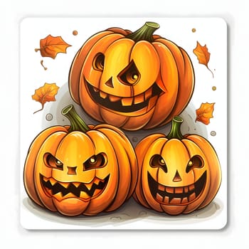Three angry jack-o-lantern pumpkins, Halloween image on a white isolated background. Atmosphere of darkness and fear.