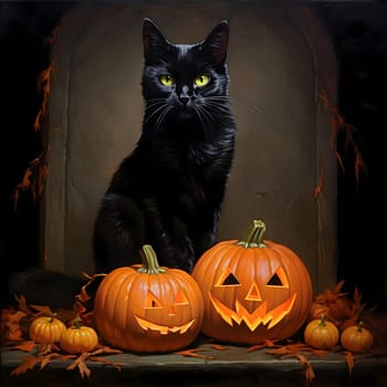 Big black cat, at his feet glowing jack-o-lantern pumpkins, a Halloween image. Atmosphere of darkness and fear.