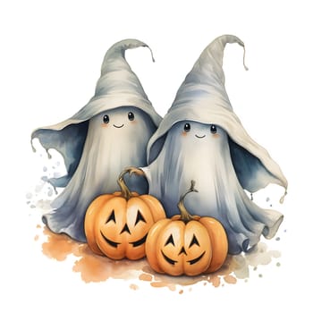 Two ghosts in hats and two jack-o-lantern pumpkins, Halloween image on a white isolated background. Atmosphere of darkness and fear.