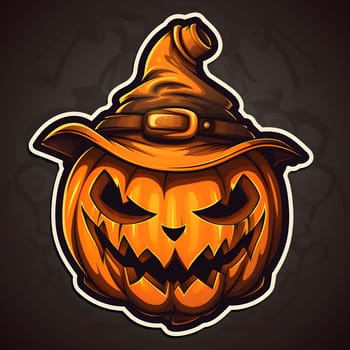 Jack-o-lantern pumpkin sticker with witch hat, Halloween image on a dark isolated background. Atmosphere of darkness and fear.