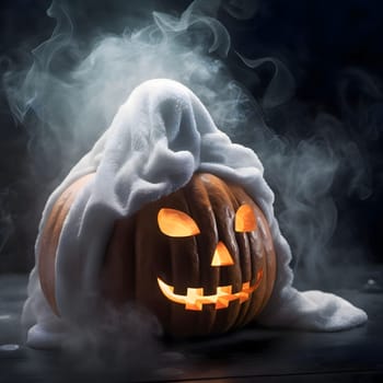 Dark pumpkin with towel smoke all around, glowing pumpkin candles, a Halloween image. Atmosphere of darkness and fear.