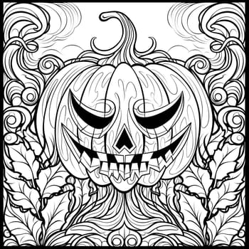 Dark jack-o-lantern pumpkin and surrounding vines and leaves, Halloween black and white picture coloring book. Atmosphere of darkness and fear.