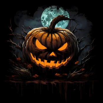 Dark jack-o-lantern pumpkin on the background of full moon, a Halloween image. Atmosphere of darkness and fear.