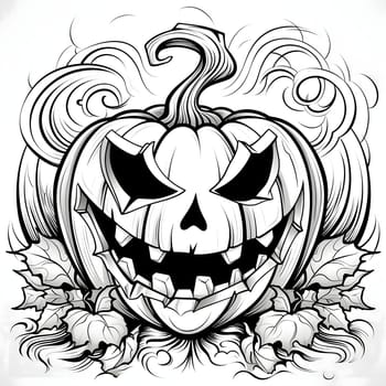 Dark jack-o-lantern pumpkin and surrounding vines and leaves, Halloween black and white picture coloring book. Atmosphere of darkness and fear.