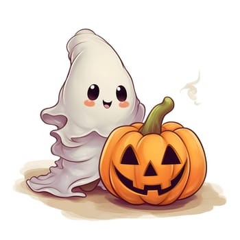 A ghost and a jack-o-lantern pumpkin, Halloween image on a white isolated background. Atmosphere of darkness and fear.