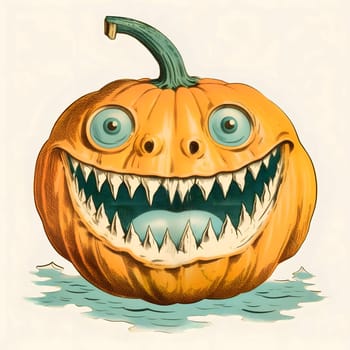 Angry pumpkin with cleaned eyes, big teeth and tongue, Halloween black and white picture coloring book. Atmosphere of darkness and fear.