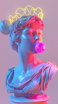 Colorful modern interpretation of classical sculpture with neon crown and bubble gum.