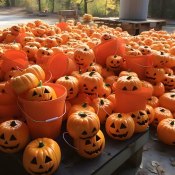 Hundreds of Halloween jack-o-lantern pumpkins and oranges garden buckets, a Halloween image. Atmosphere of darkness and fear.