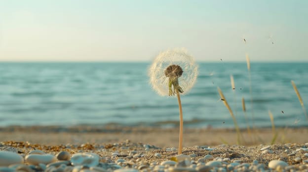Dandelion seed head standing on a pebble beach with the sea in the background.