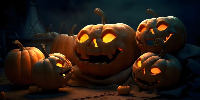 Glowing pumpkin eyes on dark background dark banner, a Halloween image. Atmosphere of darkness and fear.