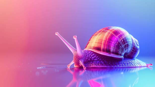 Colorful snail on a reflective surface.