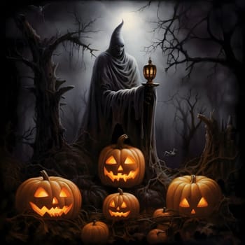 A dark figure in the background and a glowing jack-o-lantern pumpkin in an abandoned destroyed forest, a Halloween image. Atmosphere of darkness and fear.