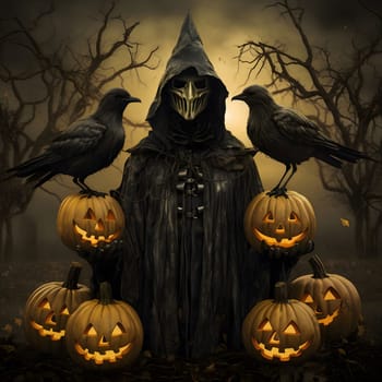 Dark mysterious black figure with two Crows and six glowing jack-o-lanterns against a background of fog, forest, a Halloween image. Atmosphere of darkness and fear.