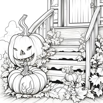 Two pumpkins and leaves on the wooden staircase leading to the house, Halloween black and white picture coloring book. Atmosphere of darkness and fear.