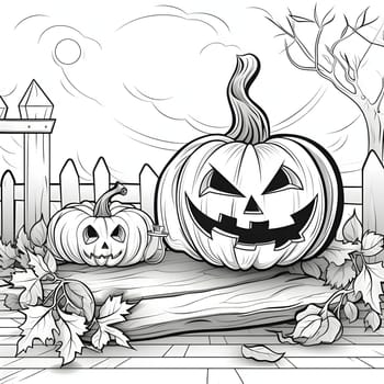 Two jack-o-lantern pumpkins, leaves and a wooden overturned fence, Halloween black and white picture coloring book. Atmosphere of darkness and fear.