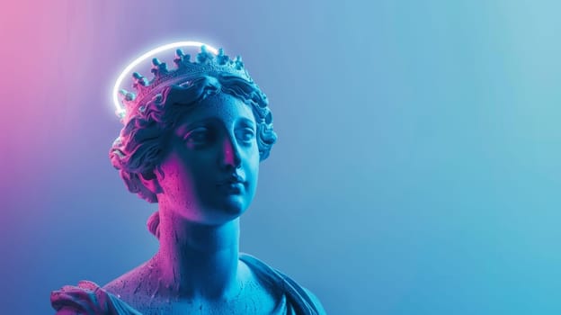 Neon-lit classical bust with crown.
