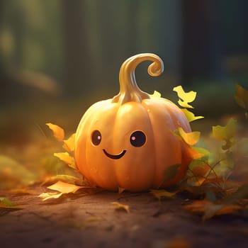 Small smiling pumpkin in the forest. Blurred background of uniform, a Halloween image. Atmosphere of darkness and fear.