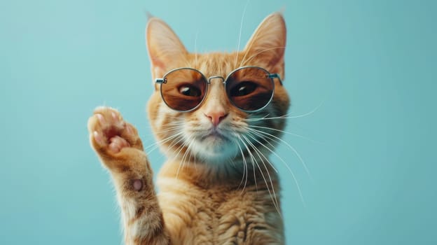 Orange cat wearing sunglasses raising its paw.