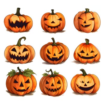 Nine different pumpkins to choose from, a Halloween image on a white isolated background. Atmosphere of darkness and fear.