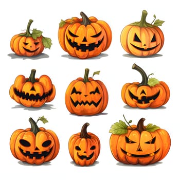 Nine different pumpkins to choose from, a Halloween image on a white isolated background. Atmosphere of darkness and fear.