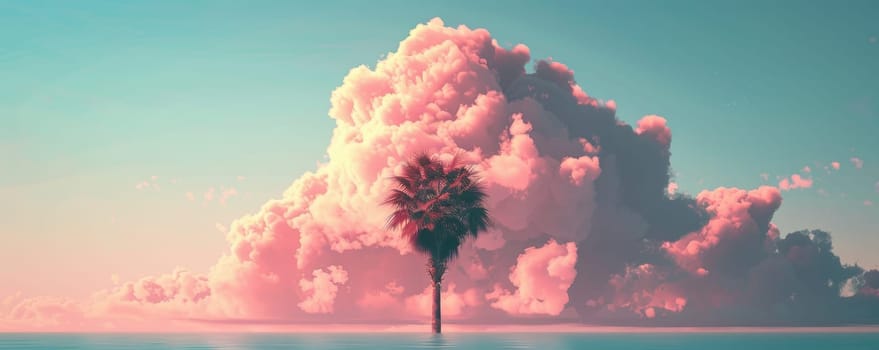 Solitary palm tree under a massive pink cloud formation at sunset.