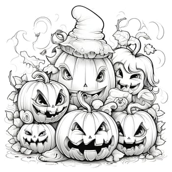 Six jack-o-lantern pumpkins with different facial expressions, Halloween black and white picture coloring book. Atmosphere of darkness and fear.