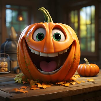 Animated cartoon jack-o-lantern pumpkin with giant smile and eyes, a Halloween image. Atmosphere of darkness and fear.