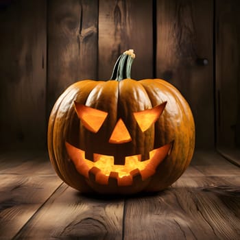 Glowing jack-o-lantern pumpkin on the background of wooden boards, a Halloween image. Atmosphere of darkness and fear.