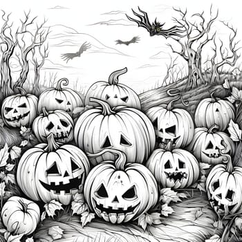 Many dozens of jack-o-lantern pumpkins on the field in the background flying bats and dry trees, Halloween black and white picture coloring book. Atmosphere of darkness and fear.