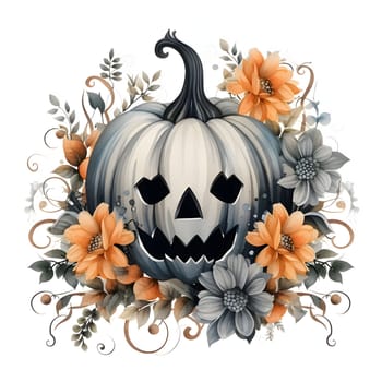 Gray sad jack-o-lantern pumpkin decorated with colorful flowers, Halloween image on a dark isolated background. Atmosphere of darkness and fear.