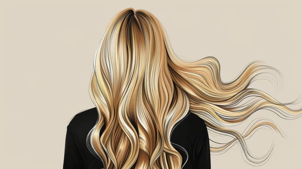 A detailed drawing depicting a woman with flowing, long blonde hair. The womans features are intricately illustrated, highlighting her striking hair.