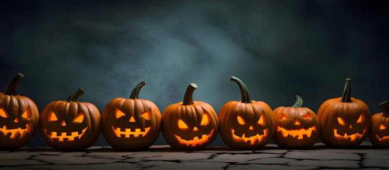Glowing jack-o-lantern pumpkins in a row., banner with space for your own content. Blank space for the inscription.
