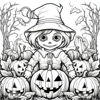 Boy, scarecrow in the middle, jack-o-lantern pumpkin on the field, Halloween black and white picture coloring book. Atmosphere of darkness and fear.