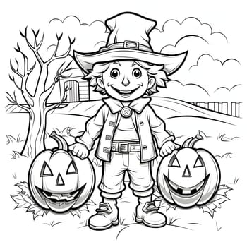Jolly farmer and two jack-o-lantern pumpkins, next to a tree and a house, Halloween black and white picture coloring book. Atmosphere of darkness and fear.