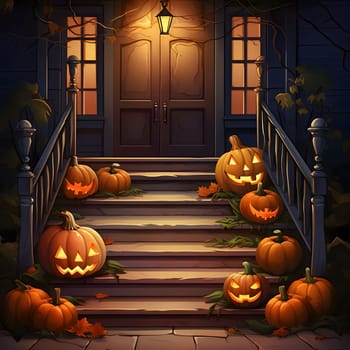 The entrance stairs to the house decorated with glowing jack-o-lantern pumpkins, a Halloween image. Atmosphere of darkness and fear.
