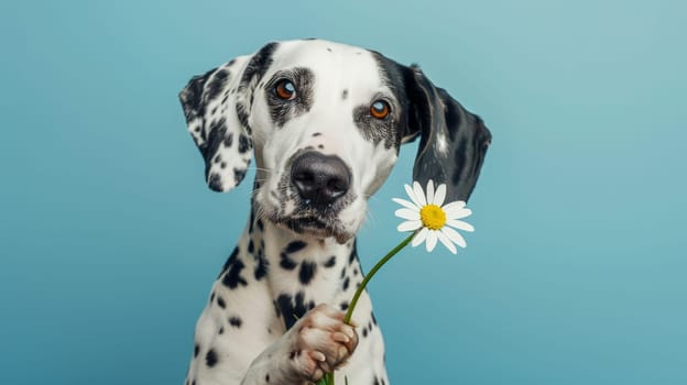 Dalmatian Dog Holding Daisy Flower.