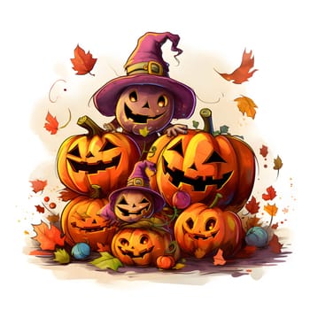 A stack of jack-o-lantern pumpkins, some wearing witch hats and falling leaves, a Halloween image. Atmosphere of darkness and fear.