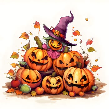 A stack of jack-o-lantern pumpkins, some wearing witch hats and falling leaves, a Halloween image. Atmosphere of darkness and fear.